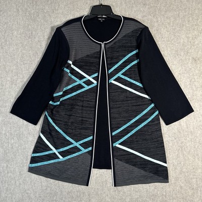 Misook Clasp Cardigan Sweater Women s Size Large Black With Blue & White Accents