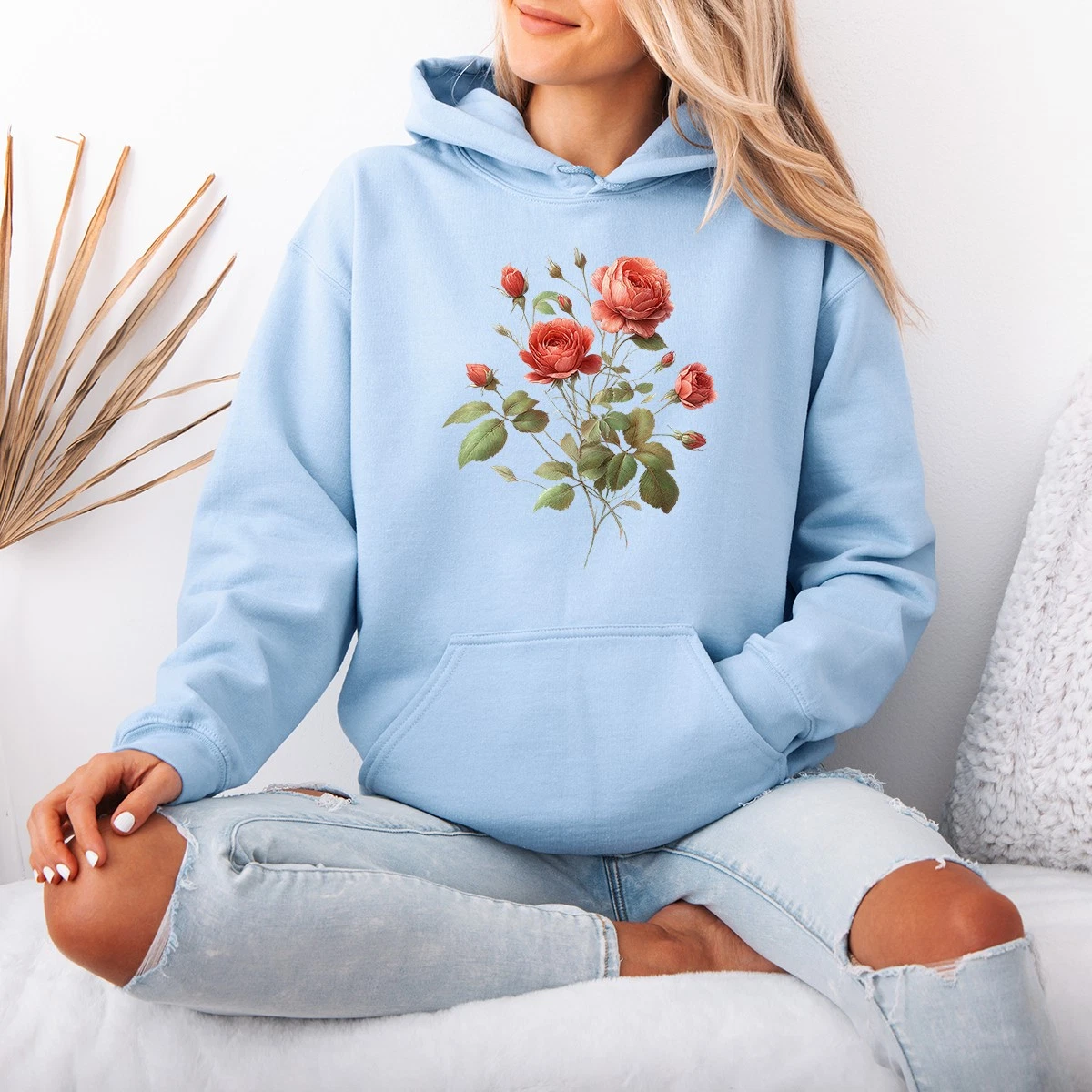 Vintage Botanical Rose Flower Engraving Womens Hoodie Illustration Floral