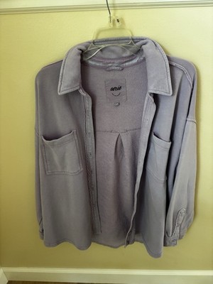 Aerie Women Purple French Terry Button Down Shacket Shirt Small Lavender Relaxed