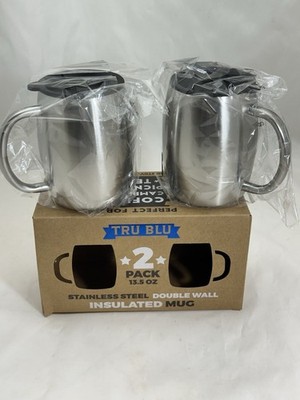 2 Pack Tru Blu Stainless Steel Double Wall Insulated Mug w/ Handle & Lid 13.5oz