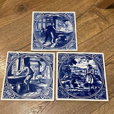 Set of 3  Delft Tiles Holland Vintage Blue & White 