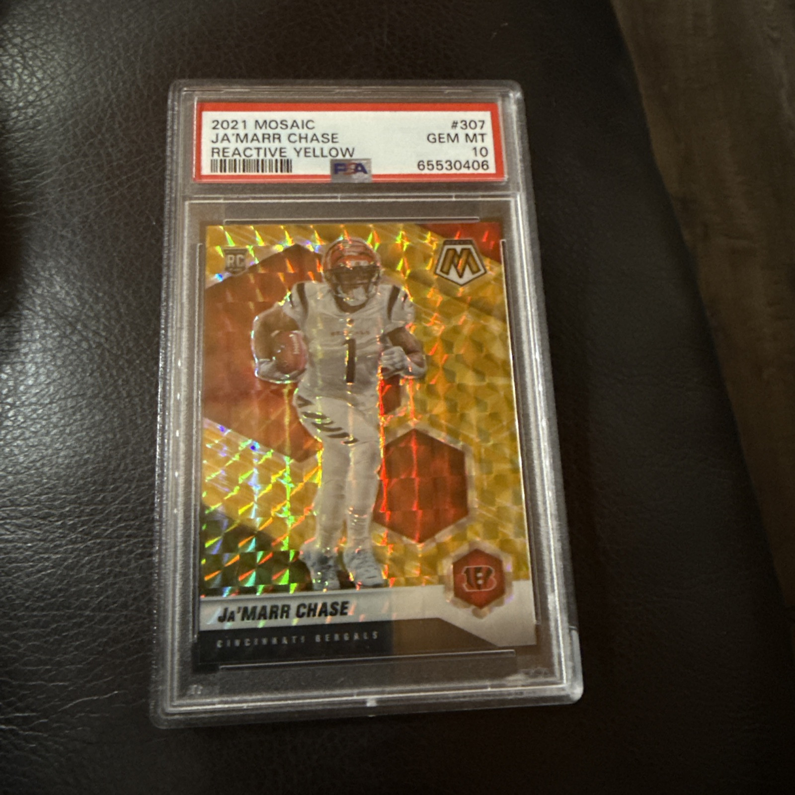 2021 Mosaic Ja'Marr Chase #307 RC Prizm Reactive Yellow Rookie Gem Mint PSA 10