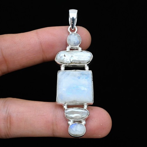 Rainbow Moonstone Gemstone 925 Sterling Silver Handmade Pendant Jewelry Gift For