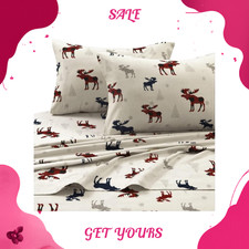 Full Size Flannel Sheet Set 100 Cotton Deep Pocket 24" Plaid Moose Print 4PCS
