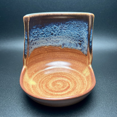 Signed Art Pottery Trinket Dish Blue and Browns Art Deco Design Soap Sponge Dish