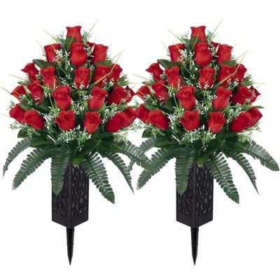 2 Sets Artificial Cemetery Flowers Outdoor Grave Decorations Roses Bouquet Vase
