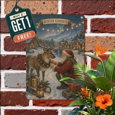 Santa Claus And Reindeer Holiday Sign Vintage Christmas Winter Metal Tin Plaque
