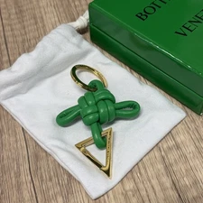 BOTTEGA VENETA Leather Double Knot Keyring Triangle Gold Green Keychain Gift