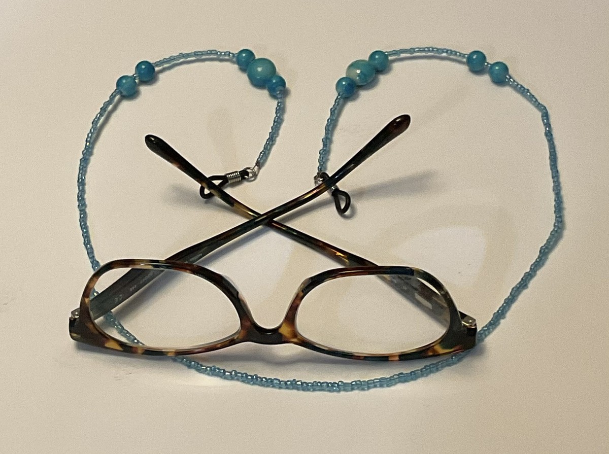 Vintage Blue Art Glass Seed Bead Eye Glasses Holder Necklace/ Chain