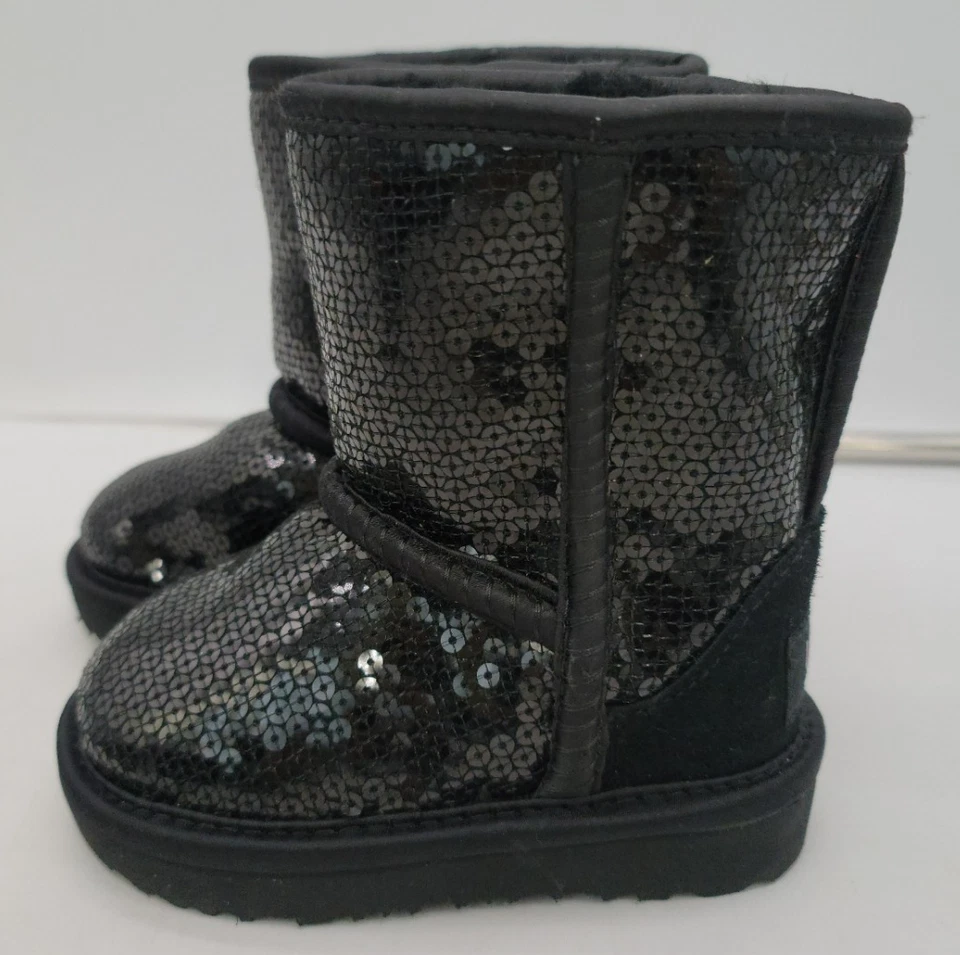 Ugg Niños Pequeños Niñas Talla 6 - Negro Clásico Corto Grueso Lentejuelas Botas 1135330T Foto 2 de 4