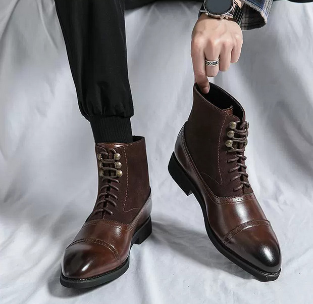 Men's faux Leather Splicing Ankle Boot Lace Up Chukka Brogue Carved Dress Shoes