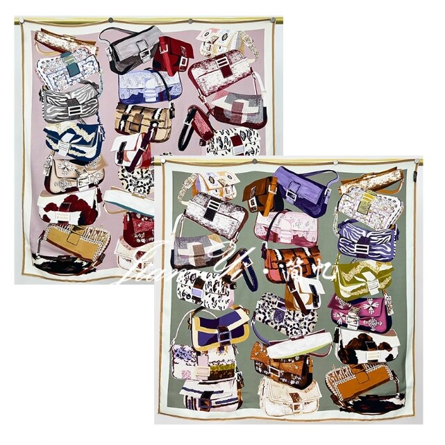 New Boutique Silk Double-Faced Satin Grey Green & Pink Purple Print Scarf 110cm