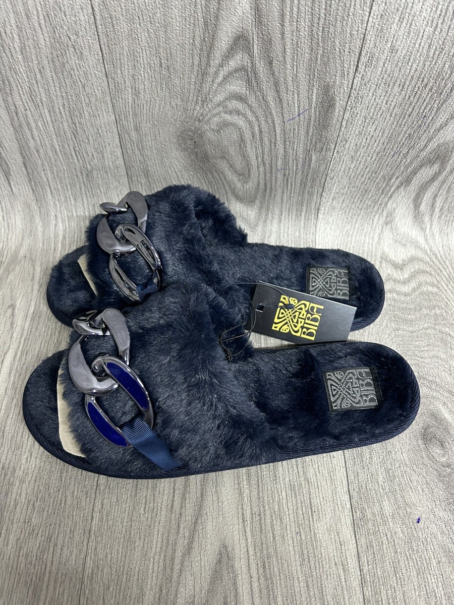Women's Biba Navy Chain Fluffy Sliders Size UK Brand New UK