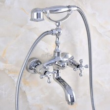 Polished Chrome Wall Mounted Clawfoot Bath Tub Filler Faucet Set Hand Shower