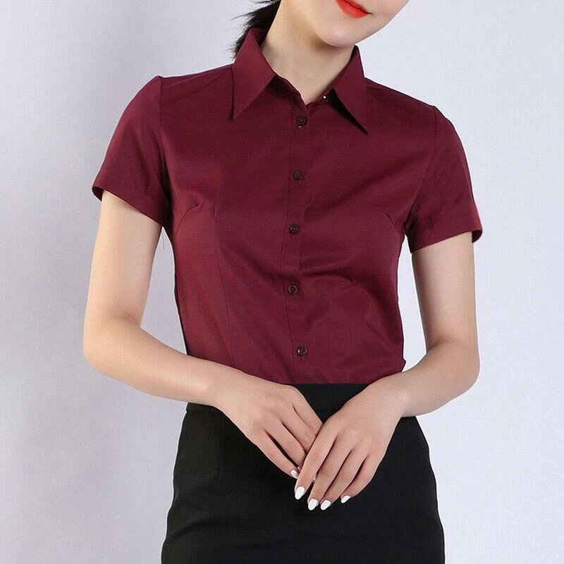  Mujeres Blusas Estilo Básico Botón Sólido Verano Manga Corta  Camisa Señoras Slim Ropa Más Tamaño Elegante Oficina Camisas Tops : Ropa,  Zapatos y Joyería