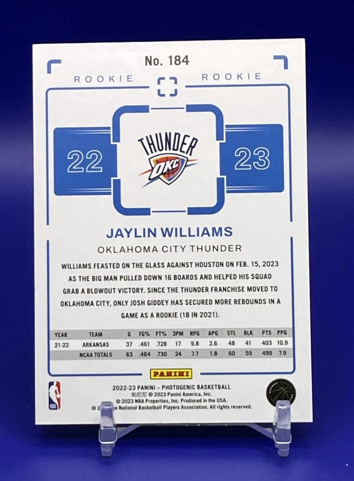 JAYLIN WILLIAMS ROOKIE 607/999 RC 2022-23 PANINI PHOTOGENIC NBA - #184 - THUNDER - Image 3 of 3