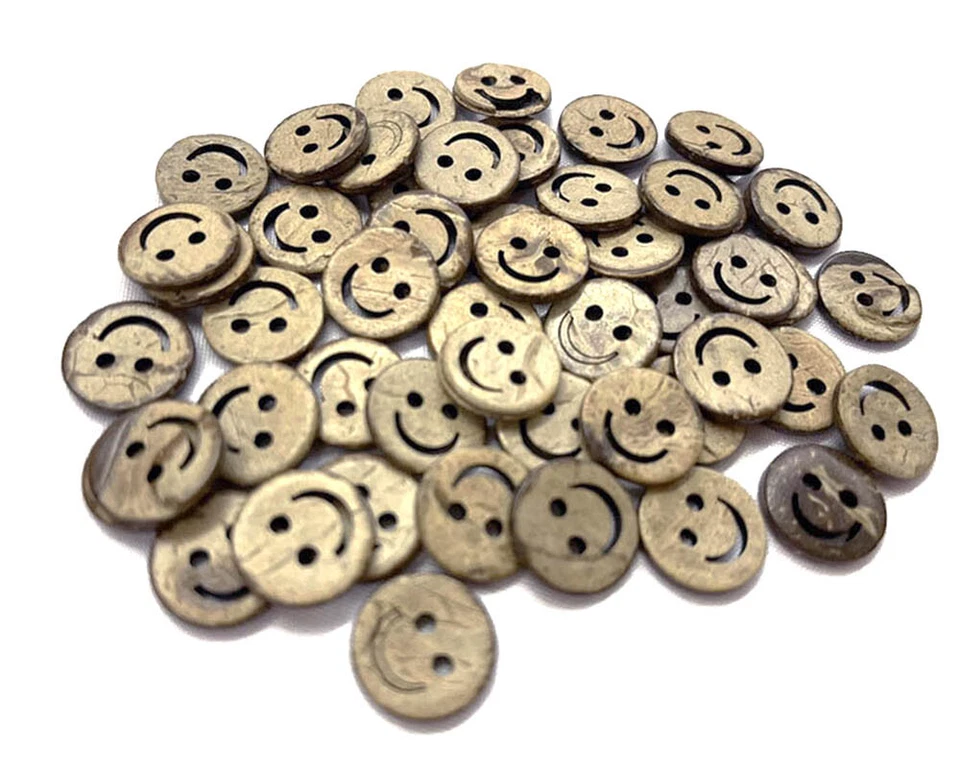 50 PCS 15 mm Brown Natural Wooden Happy Smiles Face Coconut Shell Buttons 2 Hole - Image 2 of 4
