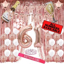 61st Birthday Rose Gold Decorations - 40" Number Balloons, Foil Curtains  More