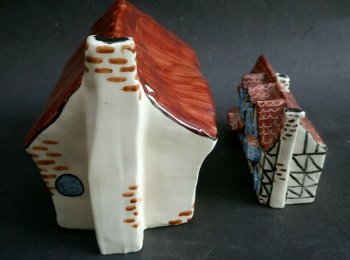 Vintage Brenda Chatto Pottery Cottages x 2 Hand Made Ornament Unusual