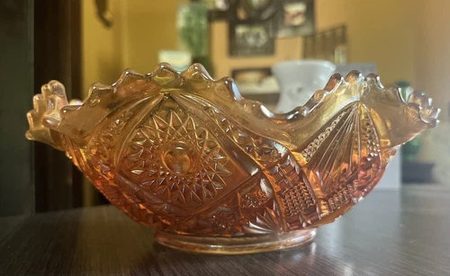 Imperial Carnival Glass Vintage Hobstar & Arches 9" Bowl Ruffled Edges Marigold