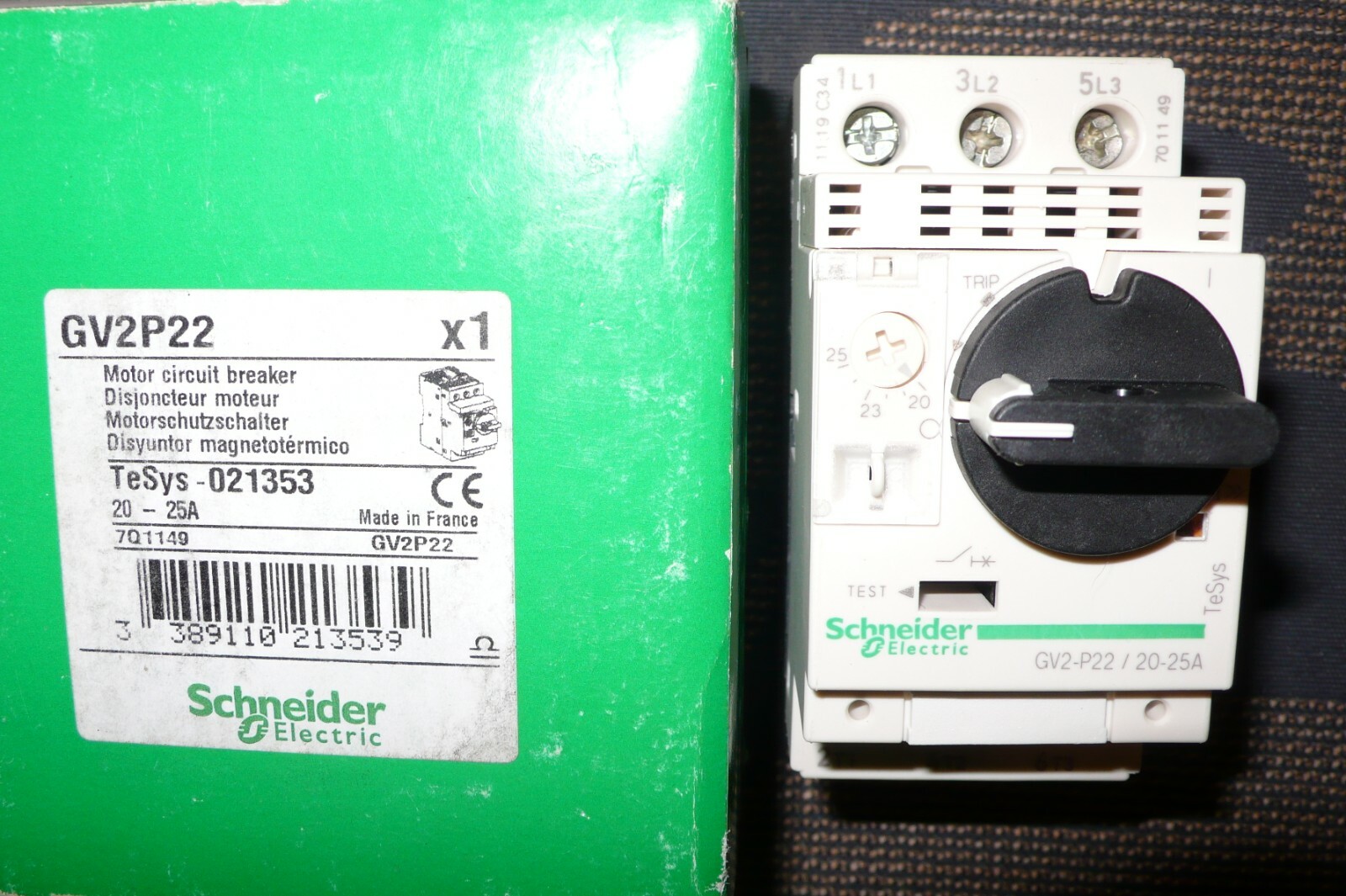 Disjoncteur magnéto-thermique GV2-P22 Schneider triphasé 20A à 25A