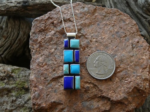 Lapis Türkis Mosaik Sterlingsilber 925 Multi Edelstein Anhänger mit 18 Zoll G4 - Bild 4 von 8