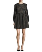 Michael Kors Collection Dress 10 Black Nude Eyelet Mini Long Sleeve A Line $2K