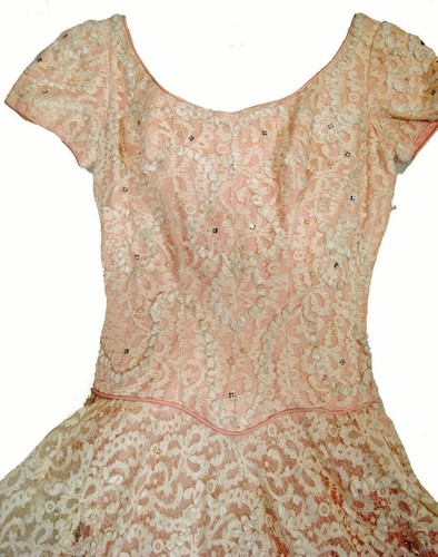 Vintage 1950s Party Dress Beige Lace Rhinestone Trim Tea Length Circle Skirt - Picture 2 of 5