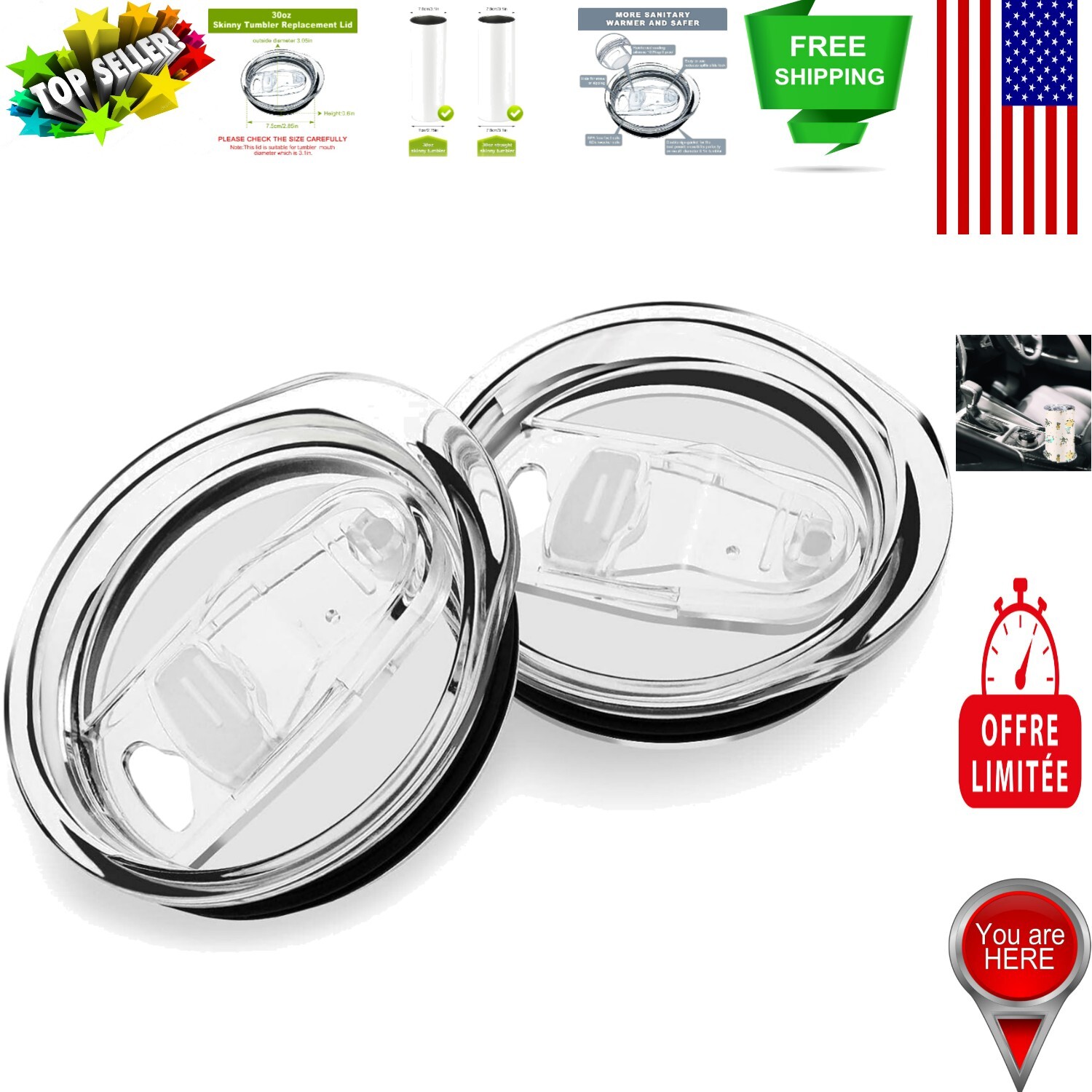 30oz Skinny Tumbler Replacement Lids - Non-Toxic and Dishwasher Safe 2 Pack