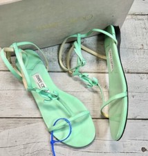 JIMMY CHOO Alodie Flat Nappa Patent Leather Sandals T Strap Logo Mint Green 9 39