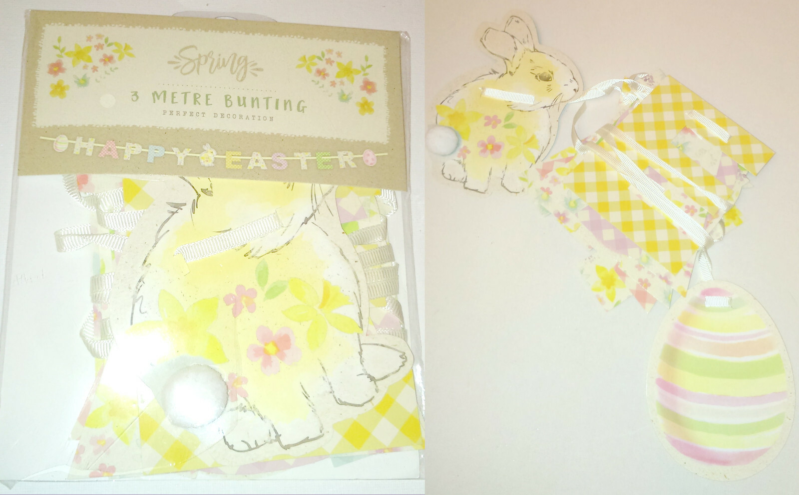 3m HAPPY EASTER BUNTING Bunny Pompom Tail Egg VINTAGE STYLE BEIGE PASTEL CHECKS