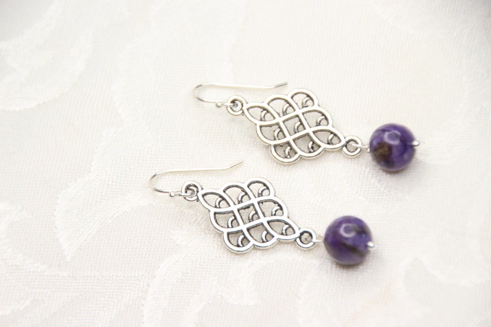 Sugilite Purple 8mm Ball Natural Gemstone .925 Sterling Silver Earrings 1 3/4" Foto 2 de 4