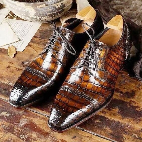 Handmade Mens brown crocodile dress shoes, Men brown square toe lace up shoes Handmade Mens brown crocodile dress shoes, Men brown square toe lace up shoes