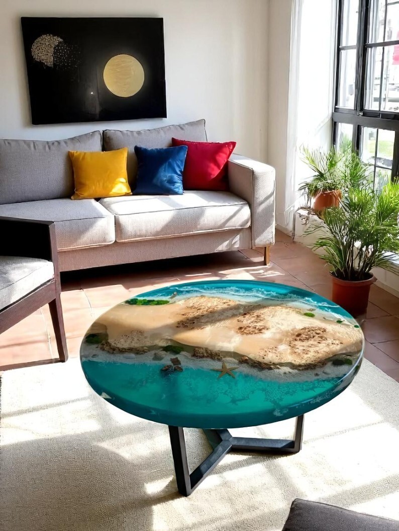 30 Inch Round Resin Ocean Wave Coffee Table with Live Edge Wood Epoxy Design-image