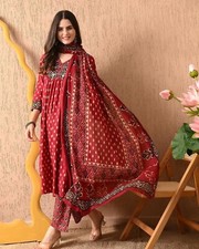 Indian Designer Cotton Aline Kurti Set Women Beautiful Kurta Pant Dupatta Set