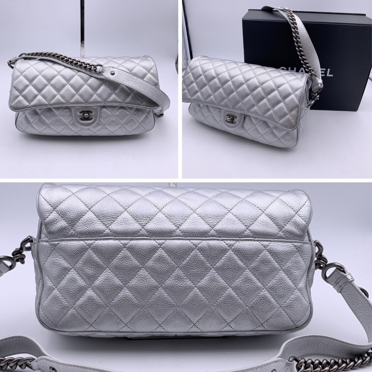 Authentic Chanel 2016 Silver Quilted Leather Airline Easy Flap