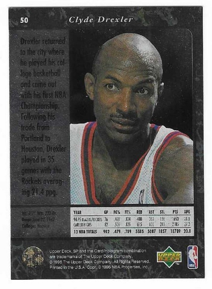 Clyde Drexler 1995 96 Sp Basketball 50 Houston Rockets Hof Nm Mt Ebay 