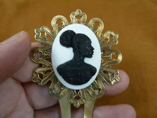 CAH20-1) RARE African American LADY black + white CAMEO Hairpin hair pin comb