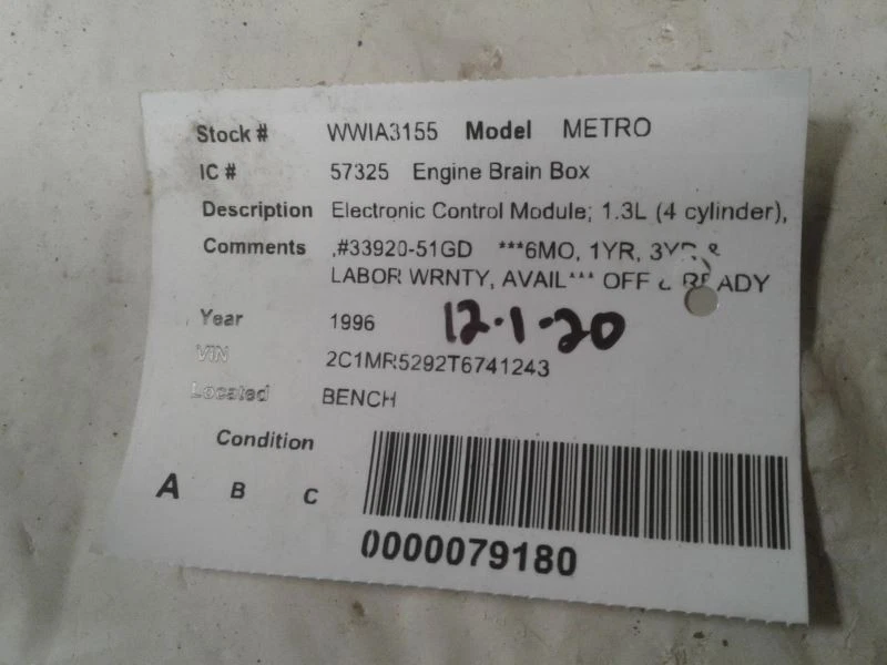 Motor Computadora ECM ECU PCM Módulo 1996 96 Chevy Geo METRO 33920-51GD Foto 3 de 3