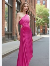 NWT MNG Mango One-Shoulder Pink Pleated Gown XL Side Cut Out Satin