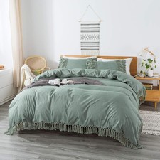 Vintage 100 Washed Cotton King Size 3Pcs Tassel Duvet Cover Set Bedding Set