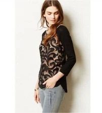 Anthropologie Dolan T-Shirt Sz Large Black Nude Filigree Lace 3/4 Sleeve Fairy
