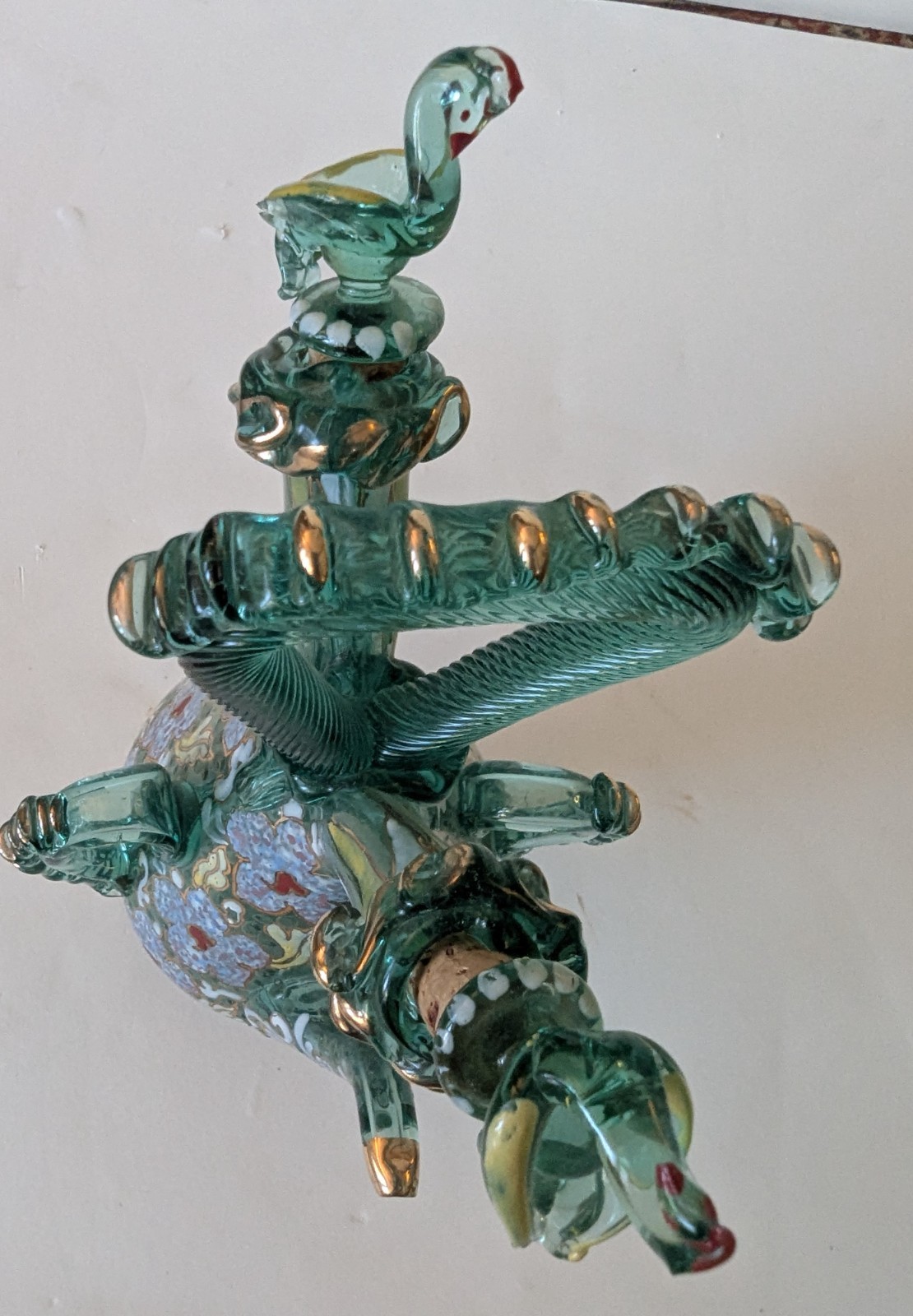 Spanish Art Glass Wedding Cruet Decanter Antique Enamel Spain 11" Tall