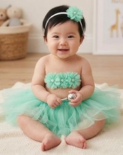 Green Flower Tulle Dress Set 3 Piece Baby Photography Headband Skirt