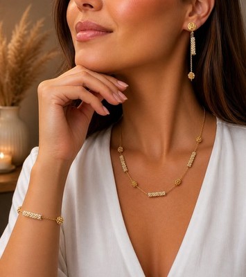 Gold Beaded Jewelry Set Miyuki Necklace Bracelet Earrings Handmade Elegant Gift