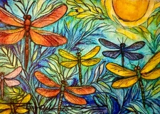 ORIGINAL Hand Painted Pen and Watercolor (ACEO) Dragonflies