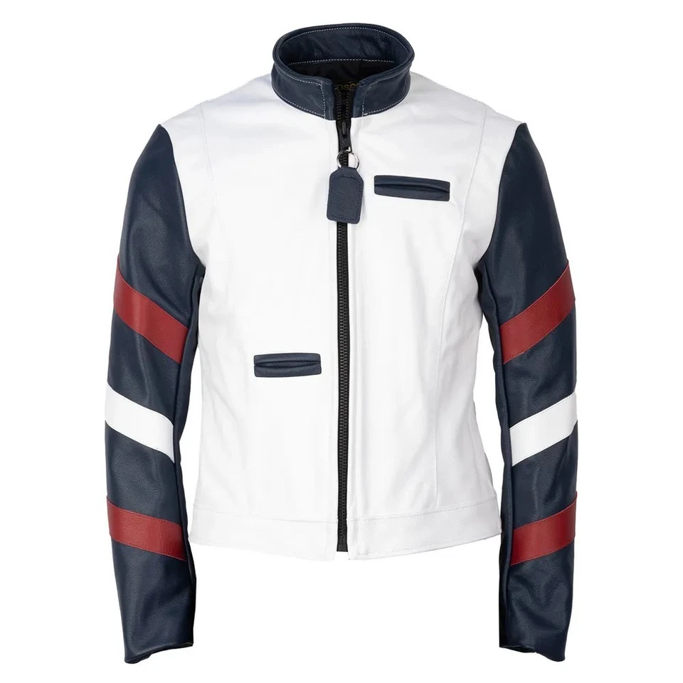 New Handemade Bruce Lee Navy and White Leather Jacket - Image 3 of 4