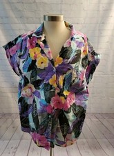 Vintage Allana Blouse Hawaiian Floral Print Button Front Cuff Sleeves Size 10
