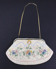 Vtg Handmade in France Off-White Beige Floral Beaded Lined Evening Clutch Purse