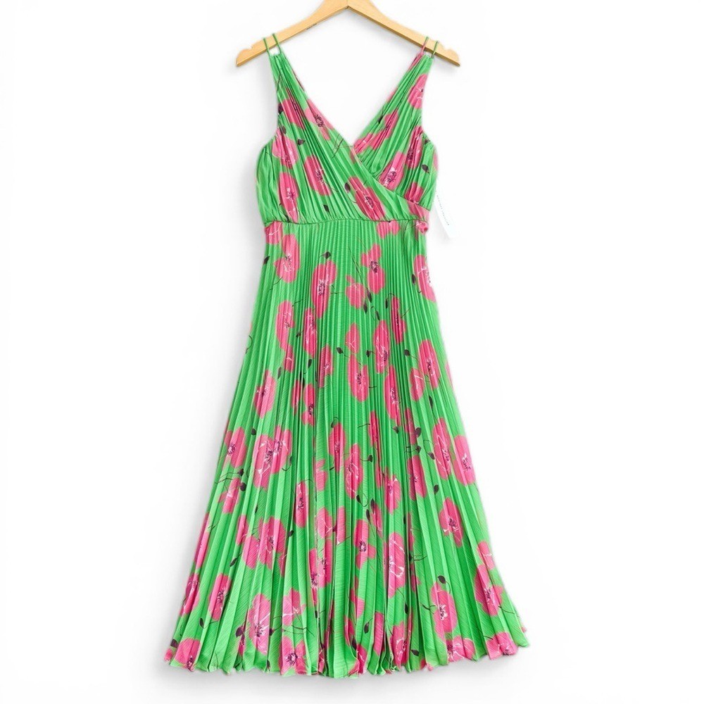 ML Monique Lhuillier Mina Pleated Midi Dress Dancing Poppies Green Women's  4 NWT | eBay
